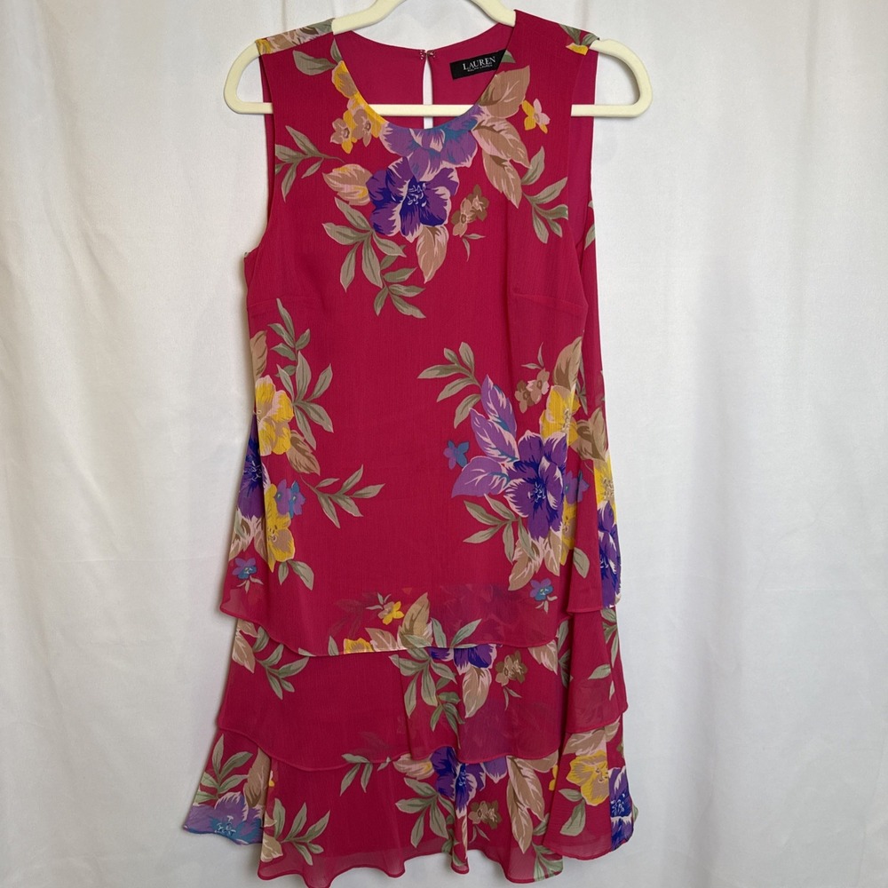 Lauren Ralph Lauren Pink Floral Tiered Overlay Dress Women's Size 6 Sleeveless